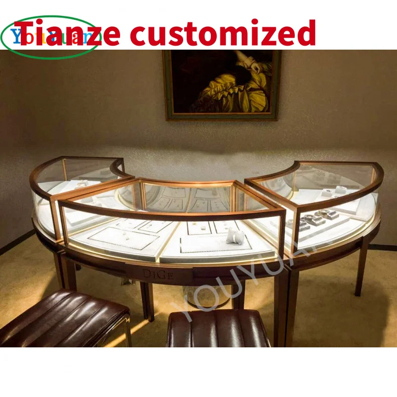 (Customized) lighting glass top jewelry cabinet jewelry ring showcase display cabinet wood glass jewelry display table with lock