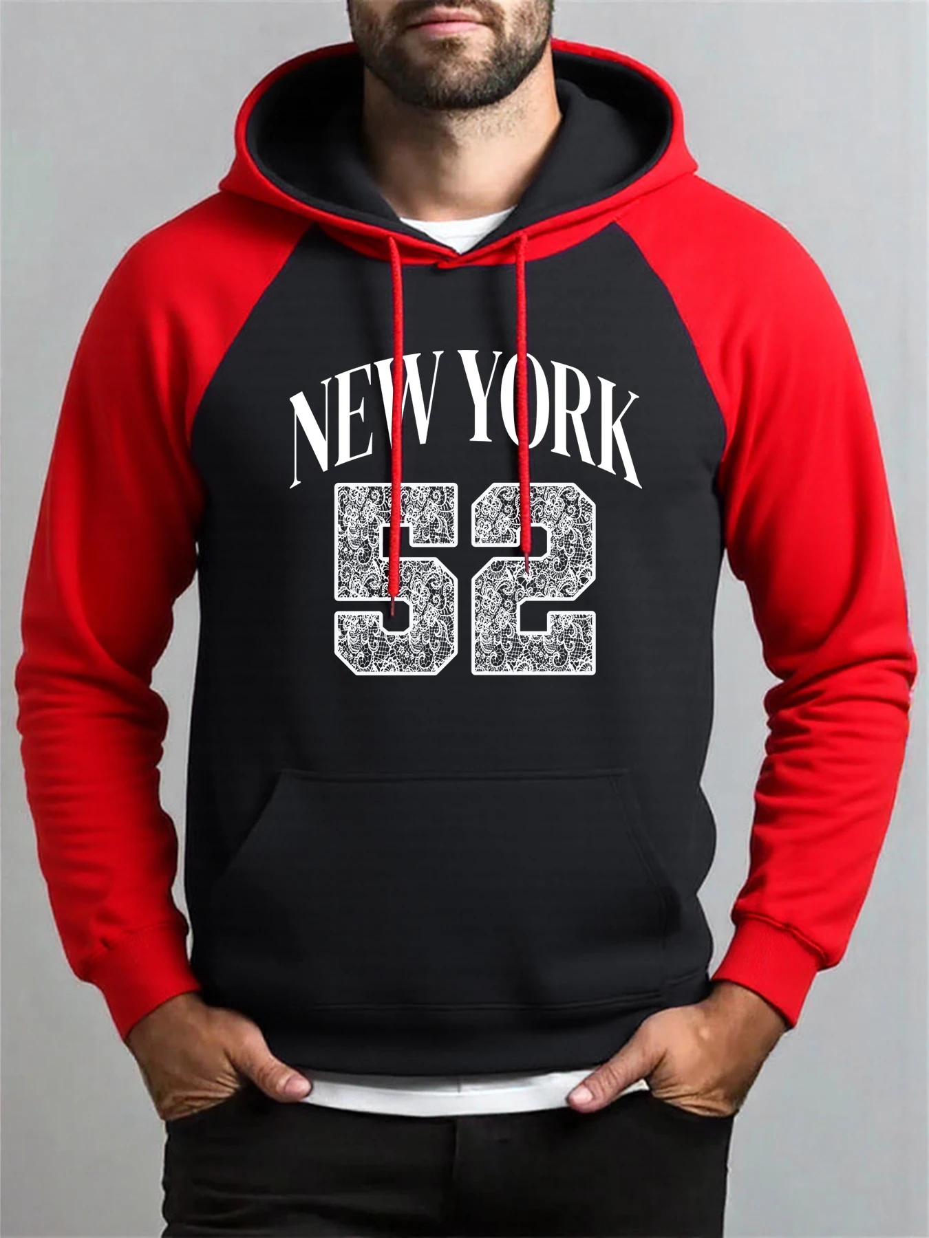 

New York Number 52 Flower Pattern Men Raglan Hoodies All-Match Fashion Hoody Autumn Fleece Hoodie Loose Pocket Clothes Unisex