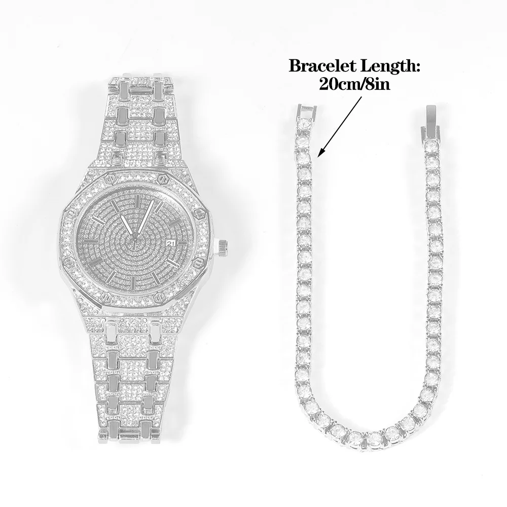 Conjunto de joyería de reloj plateado para hombre, reloj octagonal con incrustaciones de diamantes Punk de Hip-hop + pulsera de cadena de tenis, conjunto de regalo elegante para hombre y mujer, 2 uds.