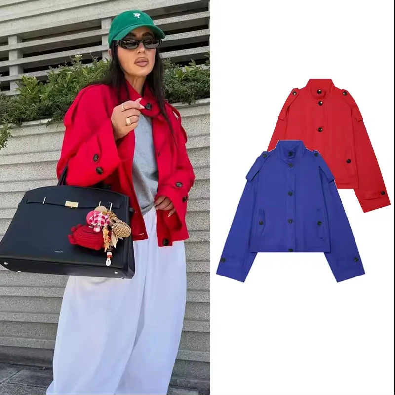 Stand Collar Cropped Jacket Shoulder Strap Button Decor Single Breasted Flap Side Pockets Solid Loose Short Outerwear 260701