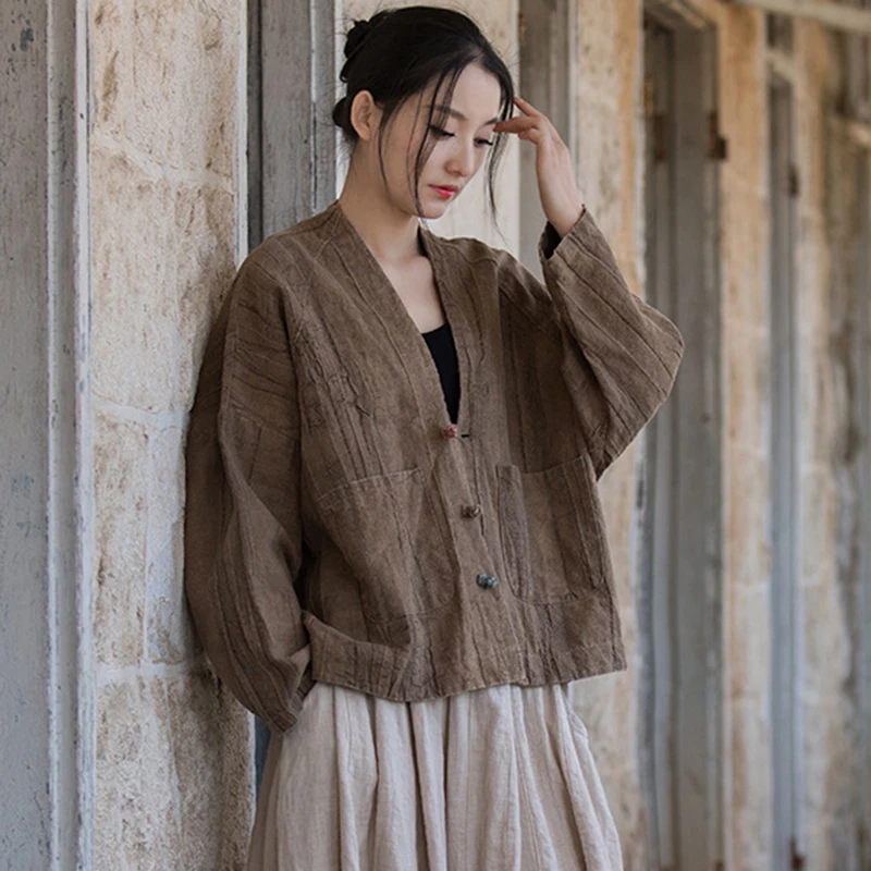 High Quality Cotton Linen Basics Jackets Women New Arrival 2024 Chinese Style Vintage V-neck Loose Female Casual Coats M366