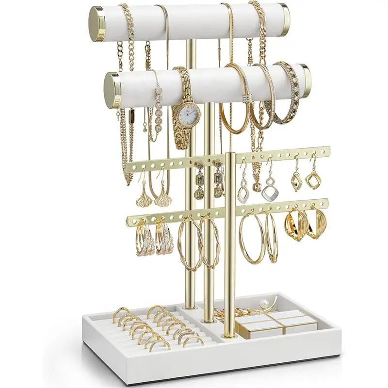 

ABUN-3-уровневый держатель для ожерелья-органайзер с подносом для браслета, ожерелья, сережек, колец для женщин, золотая подставка для ювелирных изделий