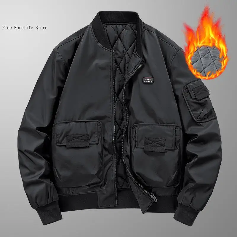 Autumn and Winter Spring Pure Color Loose Casual Multiple Pockets Thick and Warm Cotton Clothes Jacket Coat for Men
