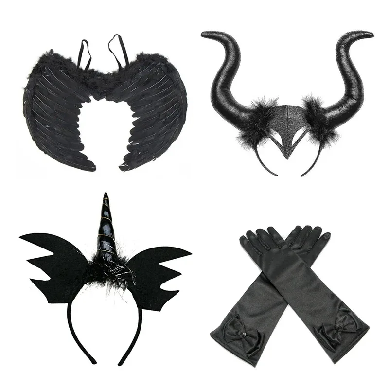 Sky03 Темная ведьма, костюмы на Хэллоуин для девочек, черный дьявол, ангел, нарядное платье со шлейфом и перьями, рога летучей мыши, дети High55Hu%