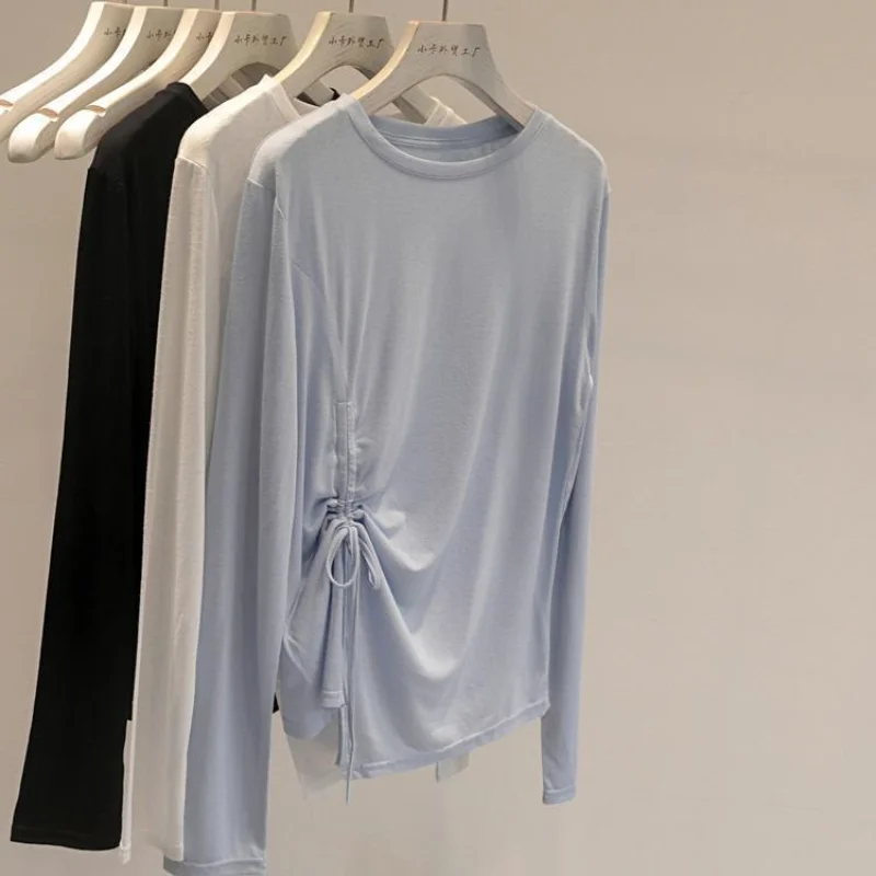 

Women Crew Neck Drawstring Long Sleeve T Shirt Casual Slim Fit Basic Top