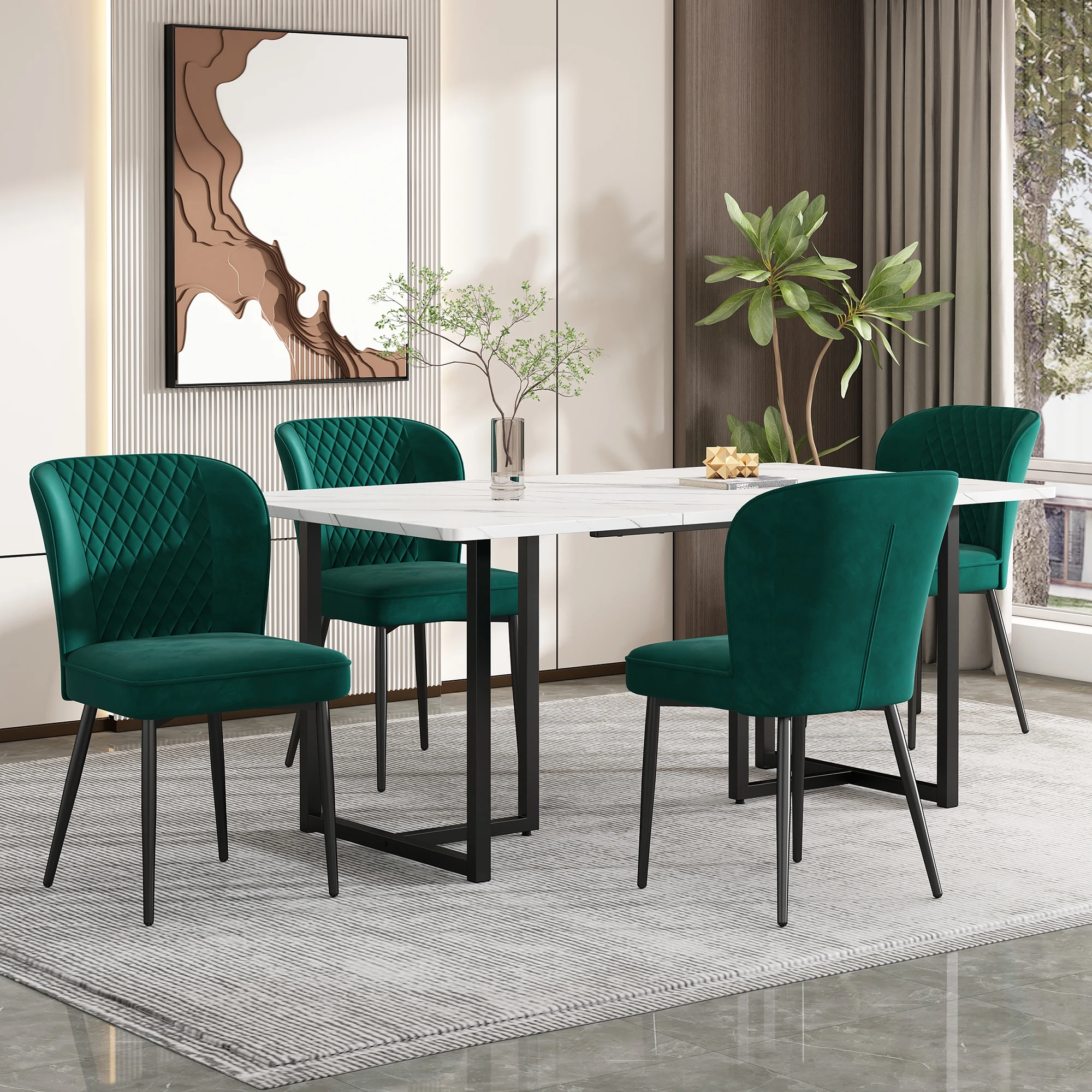 VSOGA Dining Group (Set, 140 × 80 × 75 cm dining table with 4 Chairs) Dark Green Velvet Dining Chairs, L Shaped Black Table Legs, MDF Tabletop