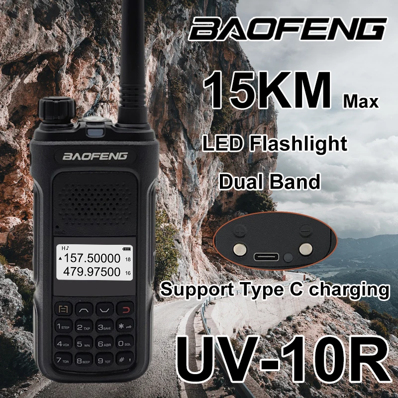 Baofeng UV-10R Walkie Talkie Dual Band VHF UHF Type-C Charger Long Range 15KM High Power Protable Ham Two Way Radio For Camping