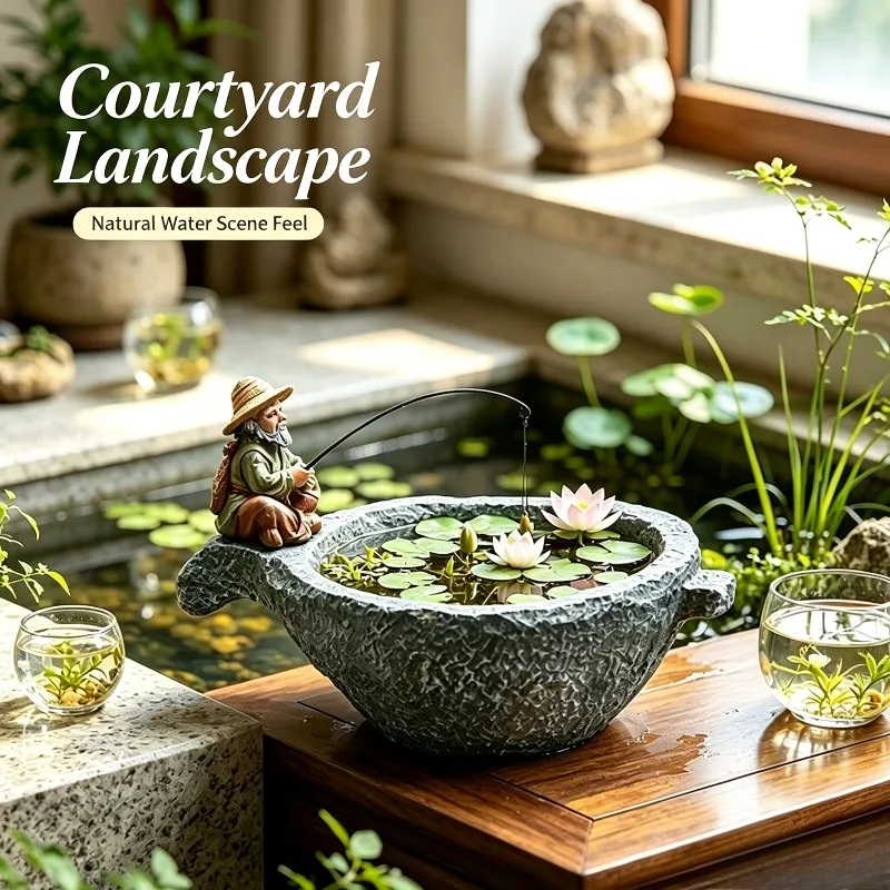 Stone Texture Hydroponic Planter Fisherman Statue Zen Micro Landscape Pot for Bowl Lotus Coin Grass Balcony Decor