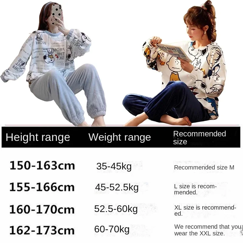 Snoopy Winter Pajamas Coral Fleece Cartoon Anime Homewear Thickened Set Women Casual Sleepwear Warm Long-Sleeved Trousers Set