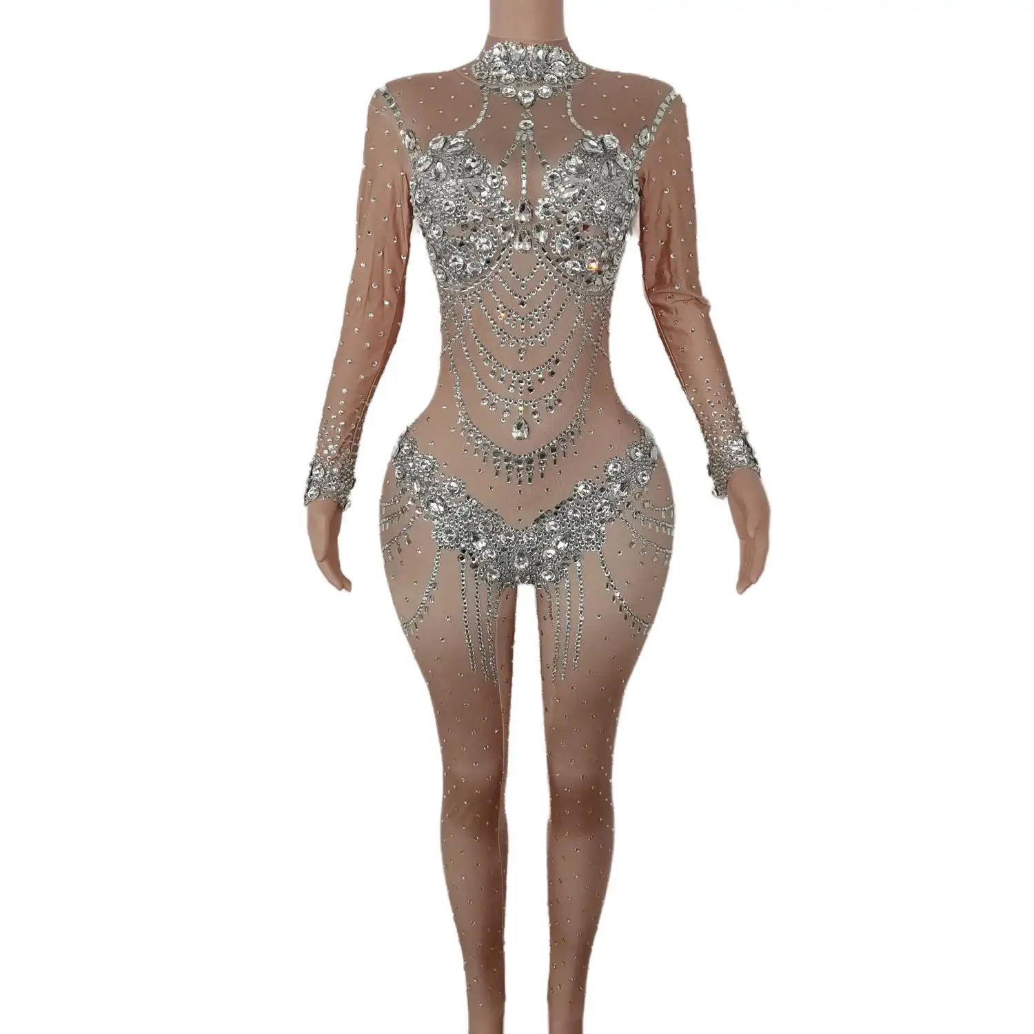 Frauen Sexy Sparkly Strass Overall Langarm Geburtstag Party Outfit Tänzerin Zeigen Strampler Leistung Bühne Tragen