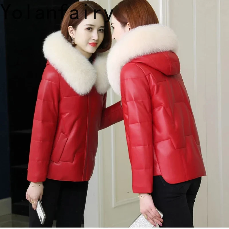 

2024 Winter Real Leather Down Jacket Women Winter Genuine Sheepskin Leather Jackets Down Coats Hooded Fox Fur Collar Chaquetas