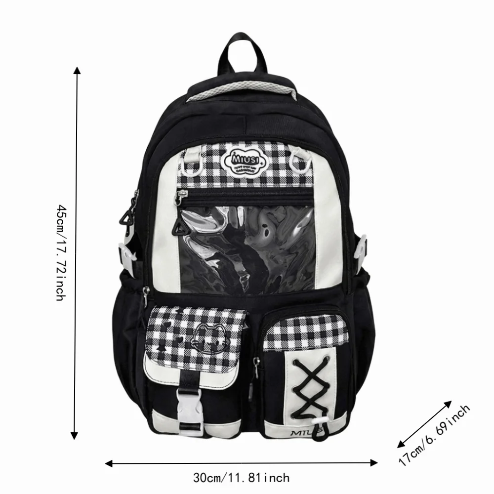 Preppy-Style Schulrucksack mit mehreren Fächern, großem Fassungsvermögen, leichtem Gewicht, Reißverschluss, mehreren Taschen, kariertem Farbblock-Design, Tagesrucksack – Detail 1