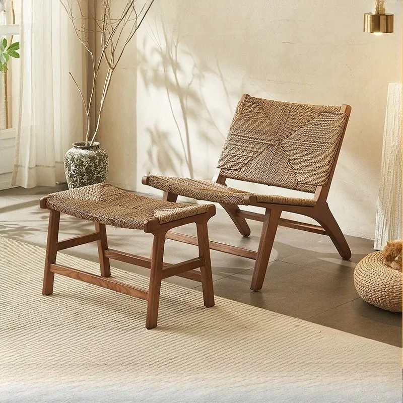 

Medieval home living room recliner lazy single sofa chair retro wabi wind solid wood balcony casual rattan chair