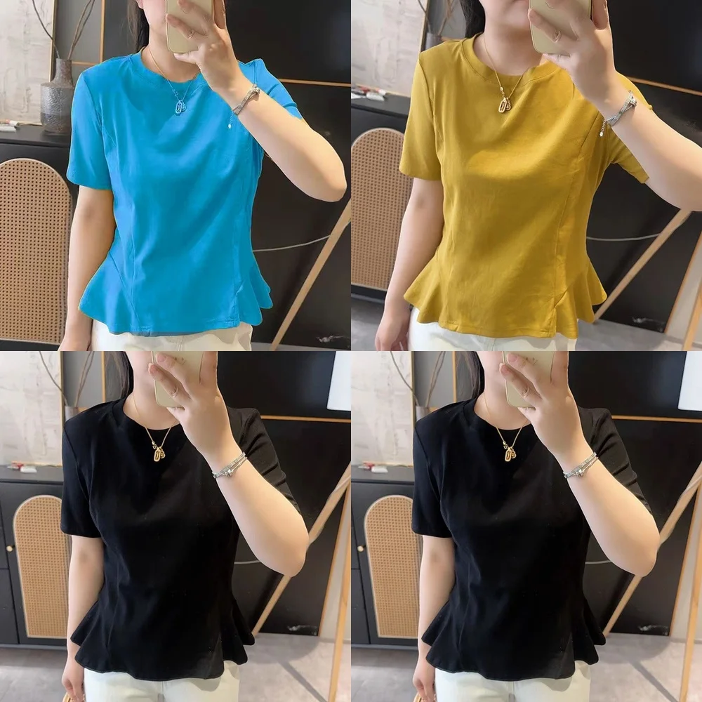 

Women Cotton Round Neck T Shirt Summer Sale Ruffle Design Plus Size Fashion Short Sleeve Loose Top Versatile Casual Wear 2024