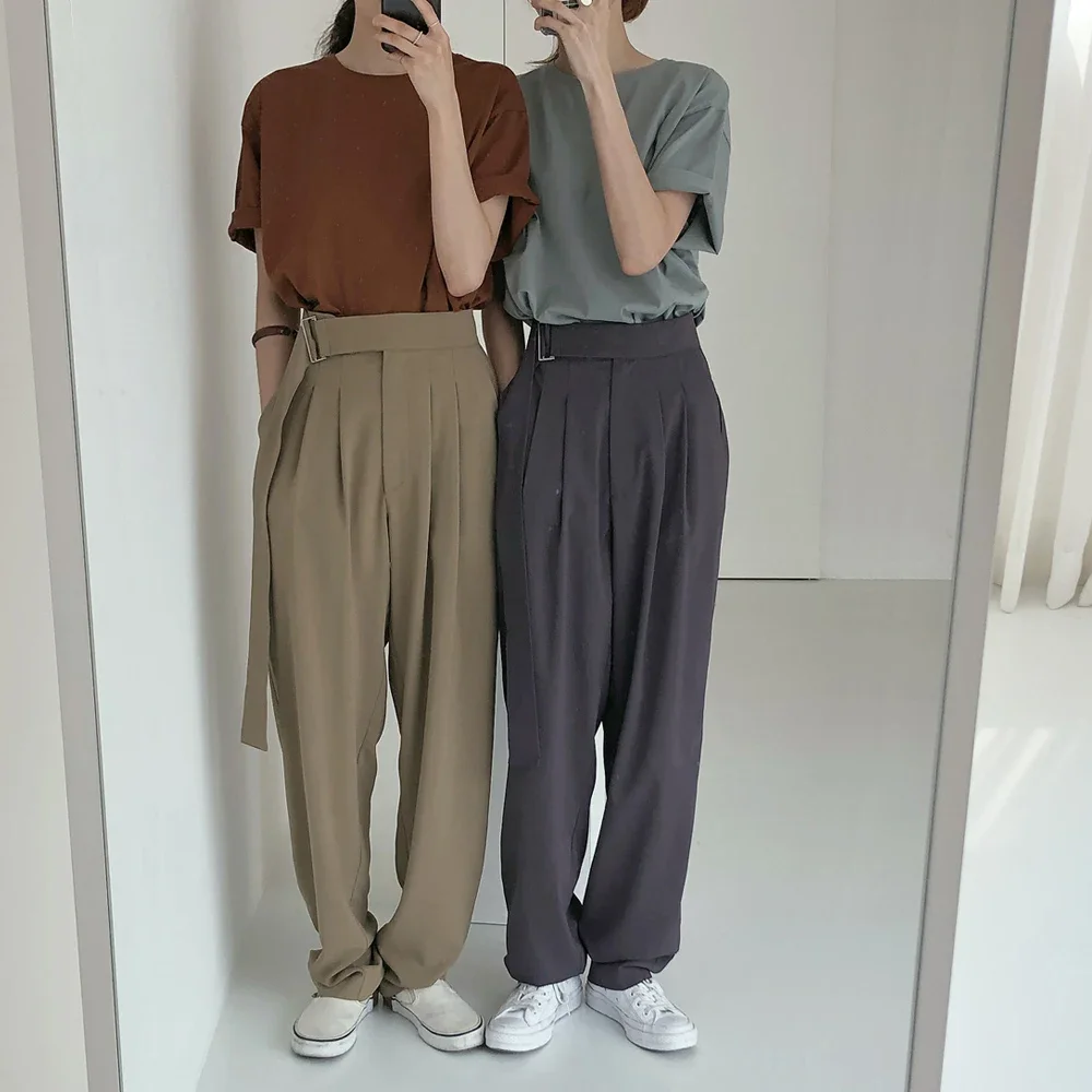 Pantalones de pierna ancha de cintura alta para mujer, pantalones largos sólidos sueltos con fajas, traje que combina con todo, ropa de calle informal, Otoño e Invierno
