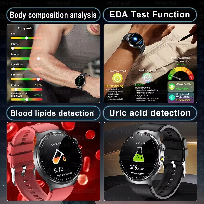 2026년형 새로운 마이크로 신체검사 건강 스마트워치 남성용 ECG 요산 지질 혈압 BT 통화 스마트워치 (안드로이드, iOS 호환)