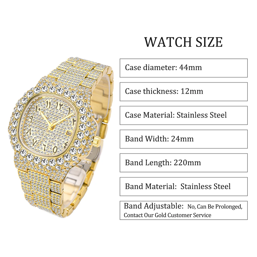 MISSFOX Iced Out Men Wristwatch Luxury Fashion Gold Quartz Watches Hip Hop High Quality Waterproof Male Diamond Clock New Gift