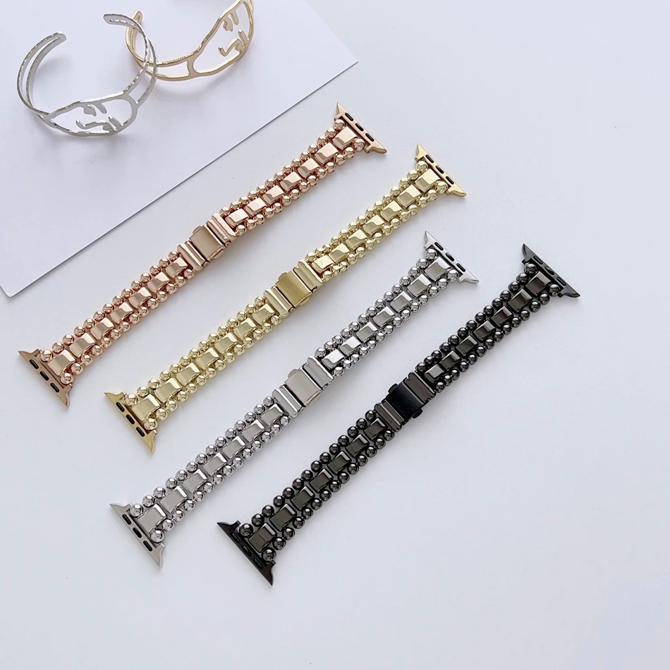 Armband für Apple Watch Band S11/10/9/8/7/SE/6/5/4/Ultra IWatch 3 2 49/46/45/44/42/41/40/38 mm, modisches Metallperlen-Kettenarmband – Detail 2