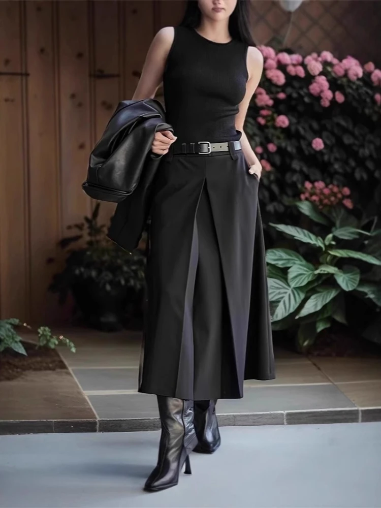 

JIAMI Women’s Elegant Black Midi Skirt with Pockets High Waist Office Csual A-Line Skirt 2026 New in Spring/Summer Outfits