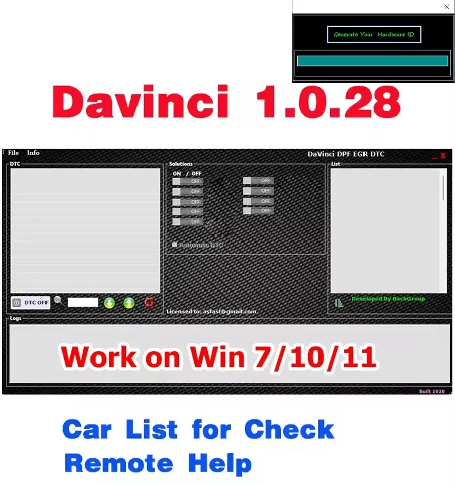 

Davinci 1.0.28 Newest Unlimited Activate DAVINCI V1.0.28 for KESS/KTAG/Pcmmaster Work on Win 7/10/11