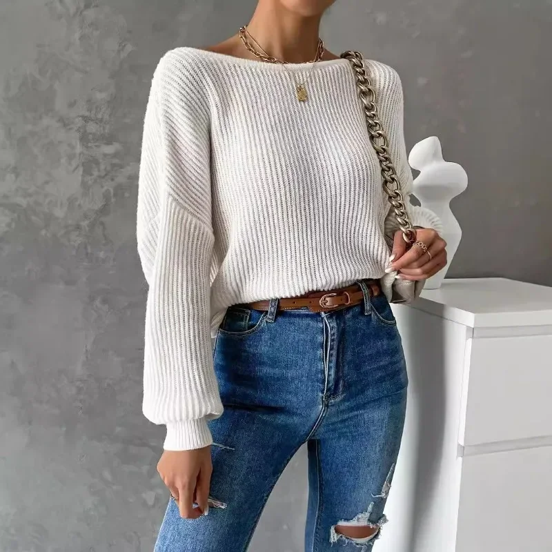 Women Sexy V-Neck Open Back Sweaters Casual Solid Loose Cross Knitted Pullover Women Batwing Long Sleeve Sweater Tops Pullovers 3