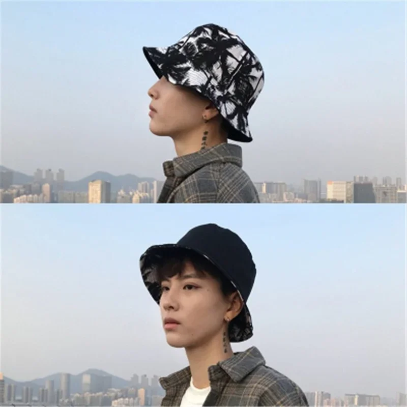 

Reversible Coconut Print Bucket Hat Unisex Summer Sun Protection Foldable Fisherman Cap Black White Design Beach Vacation