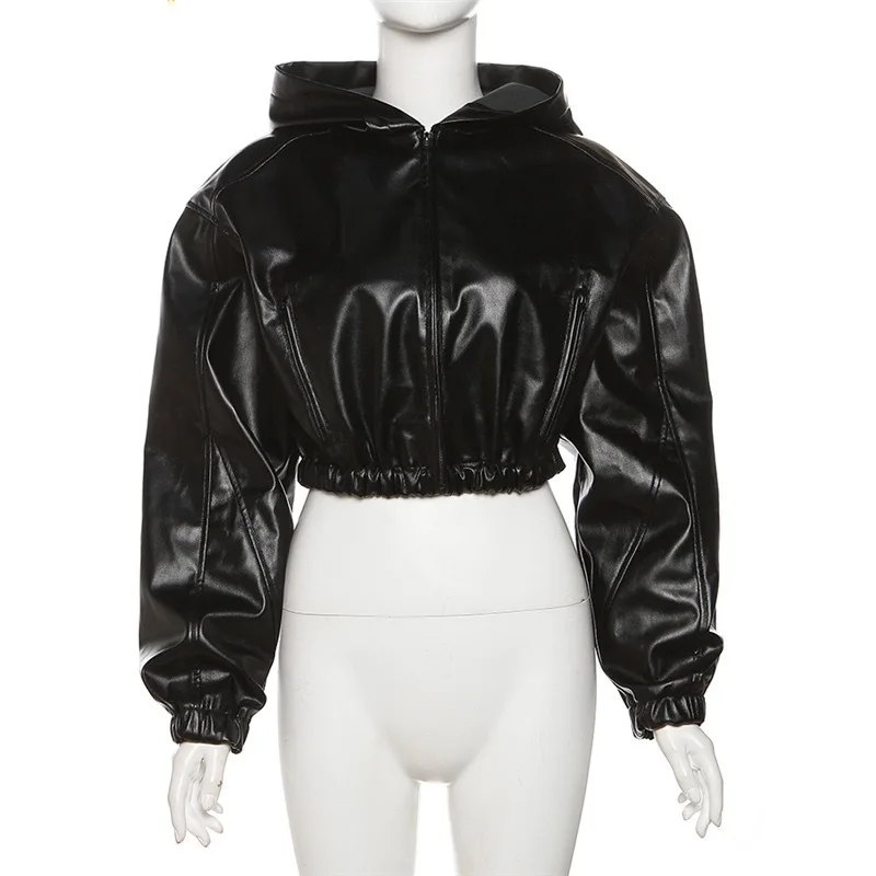Black Hooded Cool Leather Jacket Spring Autumn Korean Loose-Fit Slim Short Zipper Motorcycle Jacket
