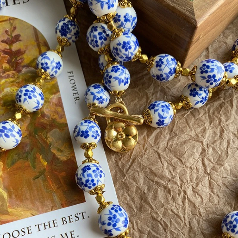 Retro Blue And White Porcelain Ceramic Beaded Necklace, Blue Flower And White Bead Sweater Chain Bracelet Ear Hook Set