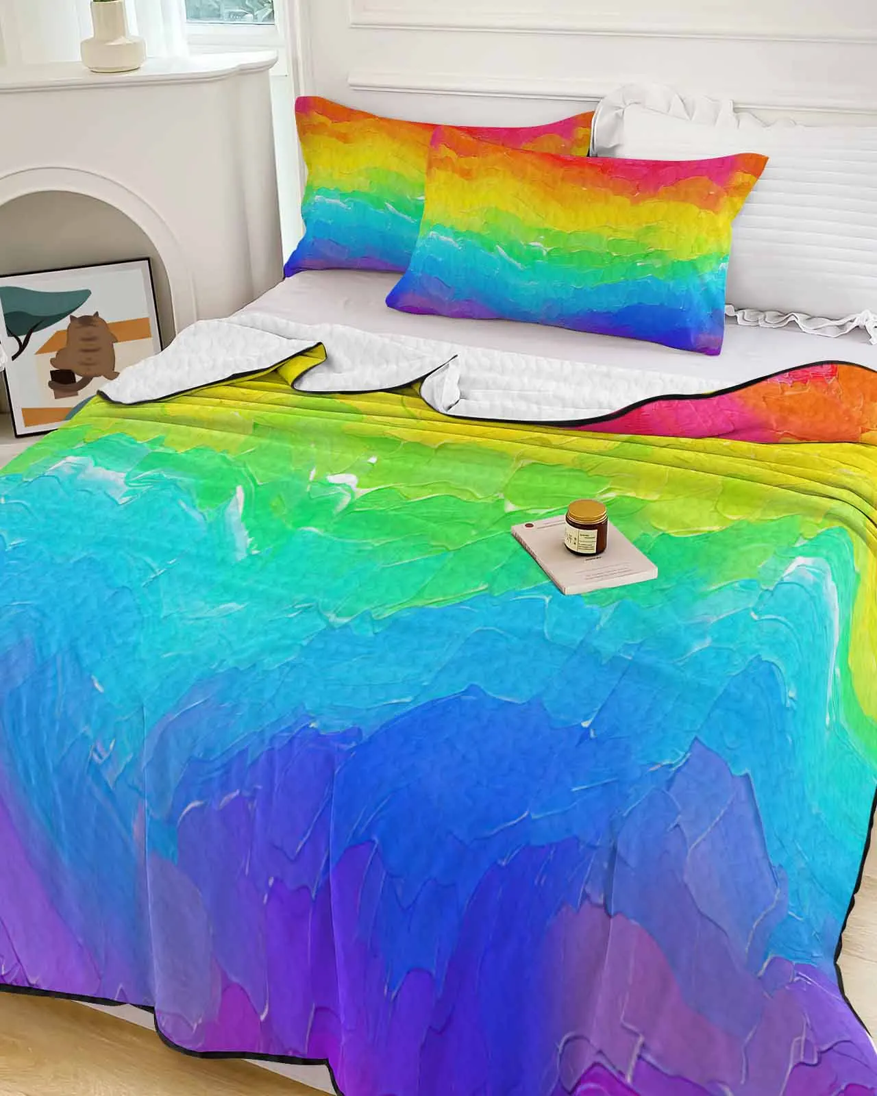 

Rainbow Watercolor Gradient Hand Drawn Summer Cooling Quilt Air Condition Blanket Comfortable Lightweight Bedroom Thin Quilt