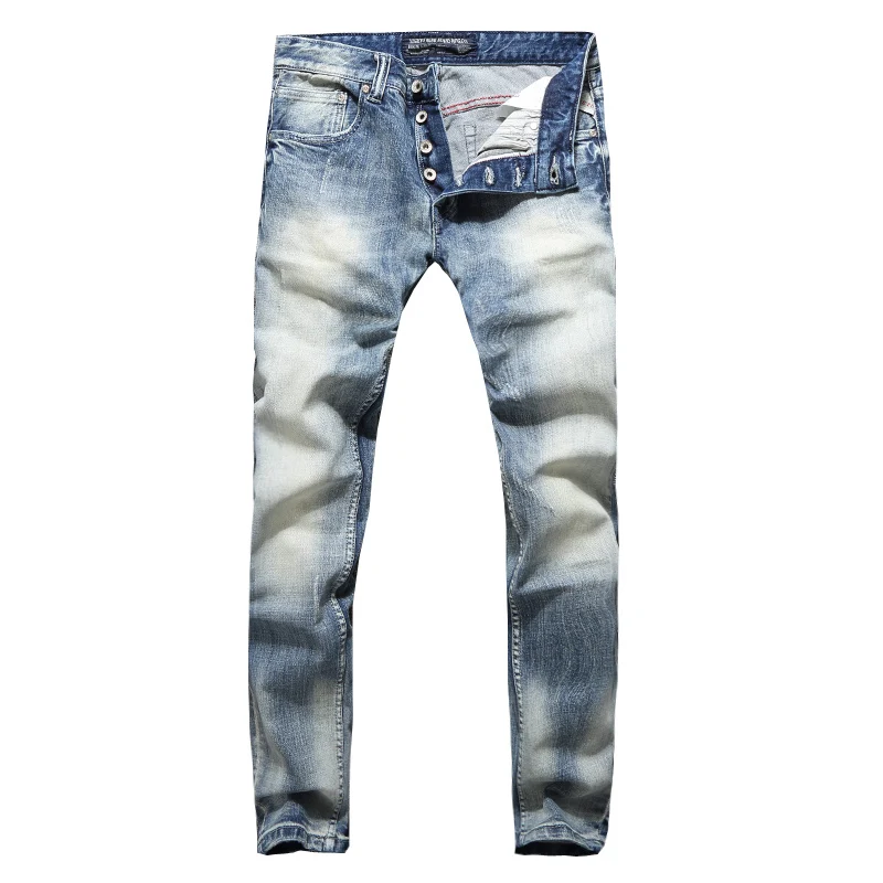 مصمم أزياء الرجال الجينز عالية الجودة الرجعية الضوء الأزرق تمتد سليم صالح ممزق الجينز الرجال أزرار Y2K خمر الدنيم السراويل أوم #6