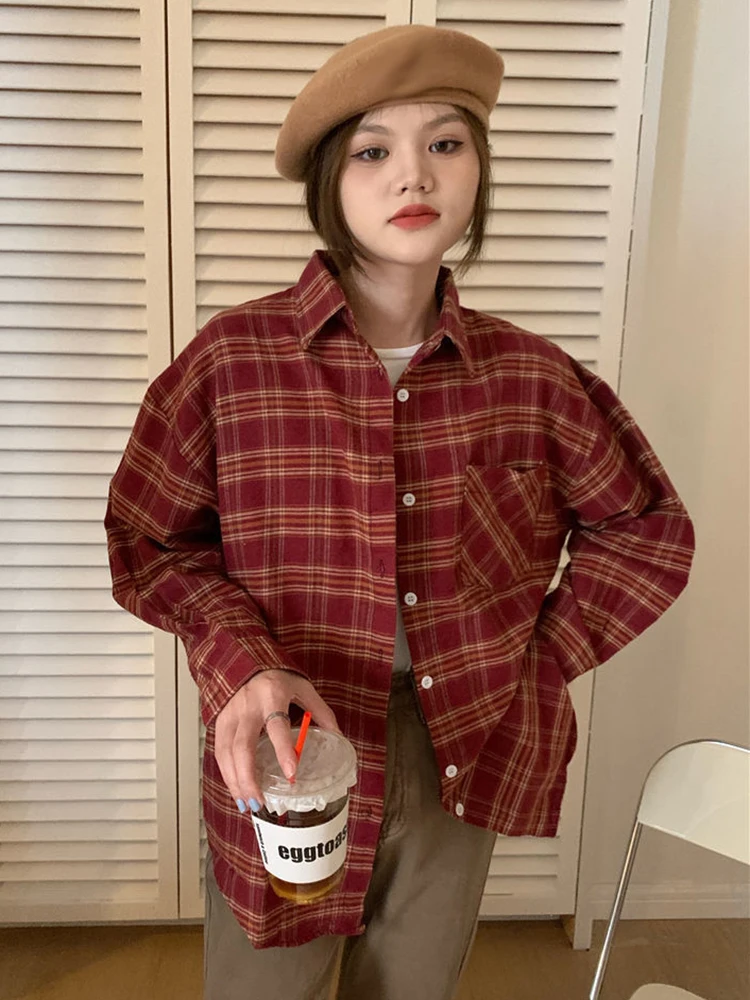 

Women Vintage Red Plaid Shirt Fall Long Sleeve Oversize Loose Retro Blouse American Streetwear Casual Harajuku Female New Tops