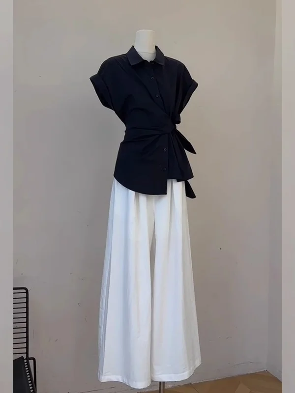 Bla Bow Tie Waist Cinched ort Sve irt Women's Summer 2025 New Small Design Sense Top Korean Sle Commute Wind