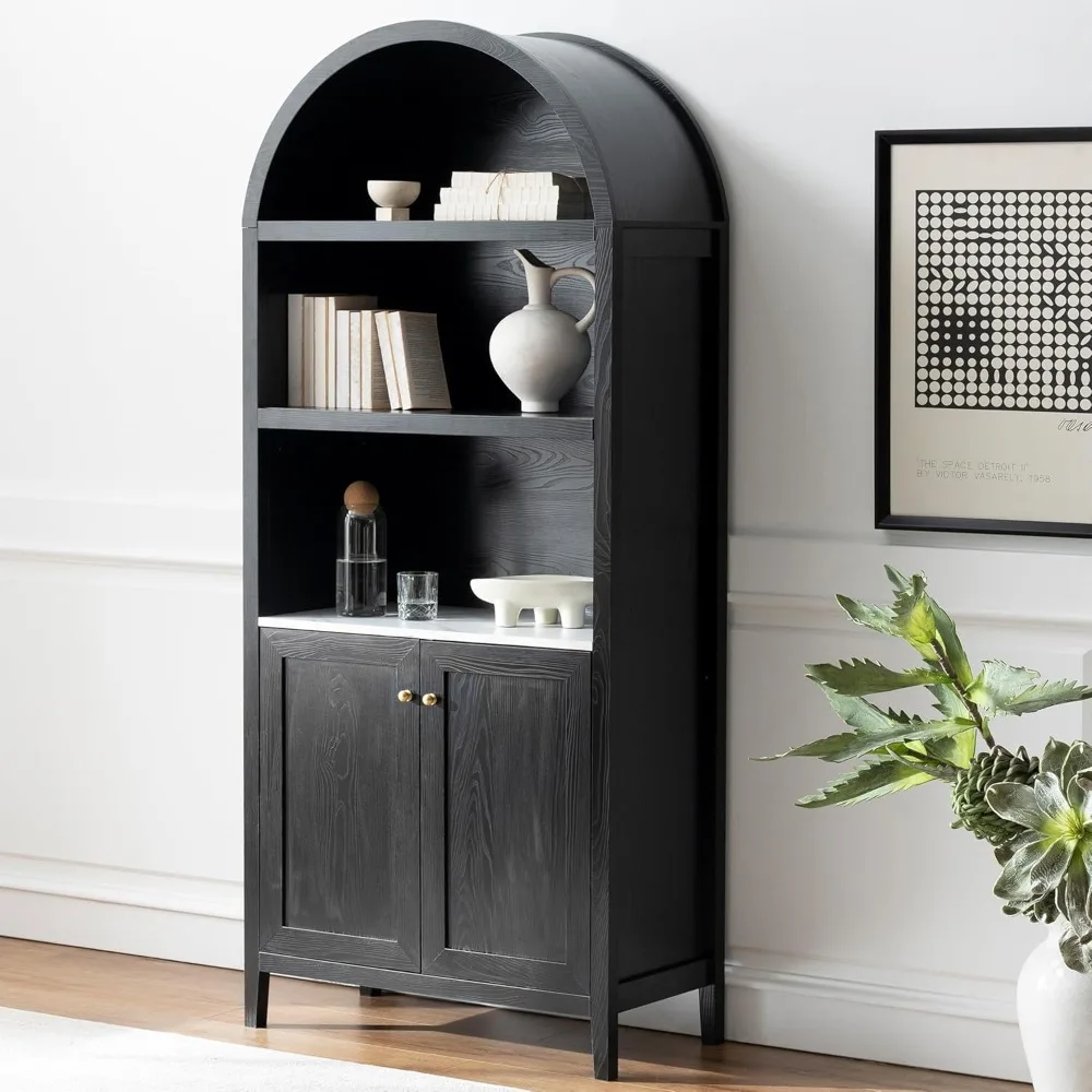 Tall Black Arched Bookshelf with Doors, 71