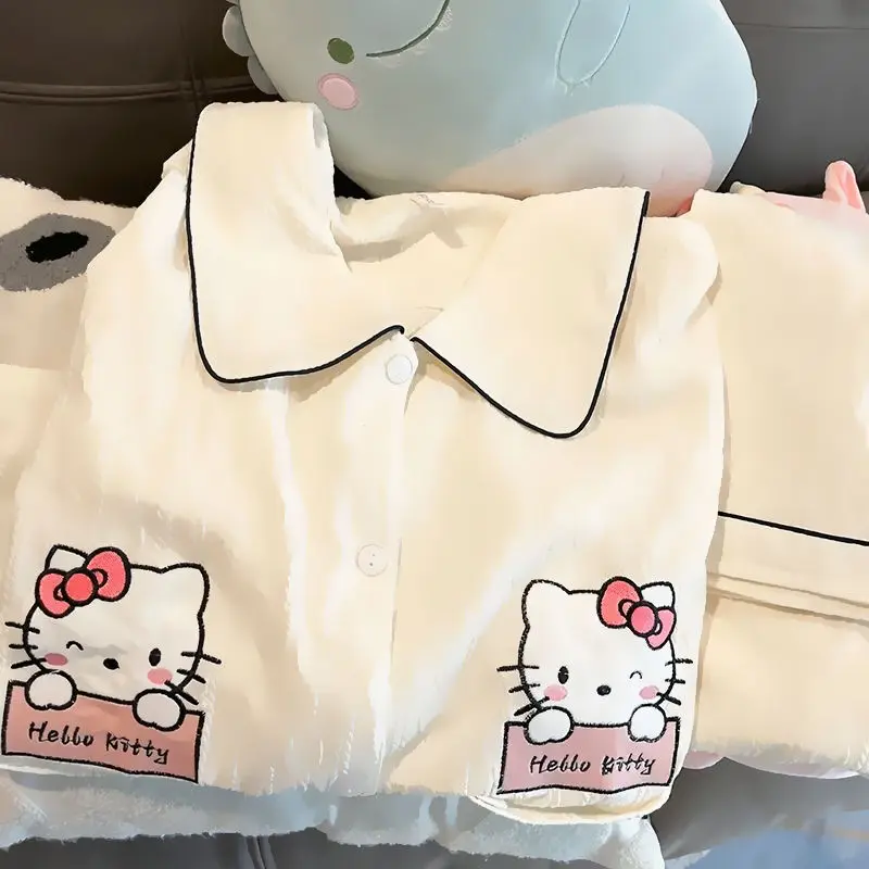 

Kawaii Sanrio Hellokitty Set for Girls Autumn Winter Long-Sleeved Printed Trousers Cute Cartoon Clothes Warm Pajamas New Style