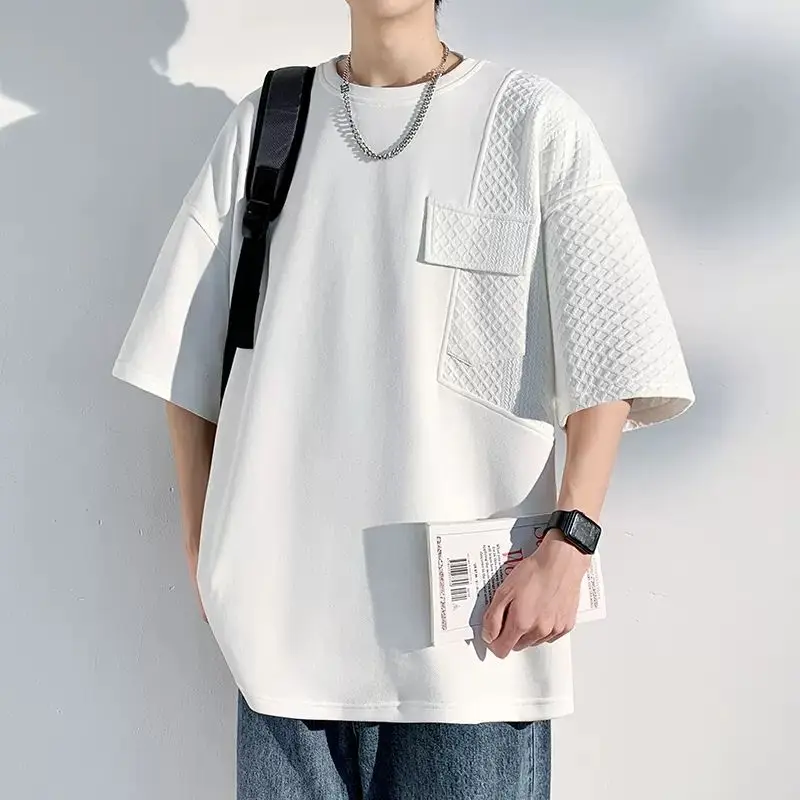 

Fashion Korean round neck multi pocket graphic T shirt men summer y2k personality trendy design round neck half sleeved top