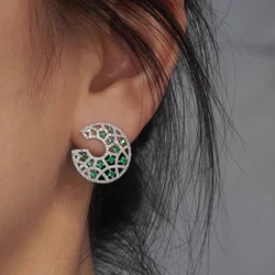 Huitan Gorgeous C Shaped Stud Earrings for Women Bright Green/White Cubic Zirconia Modern Fashion Female Earrings New Jewelry
