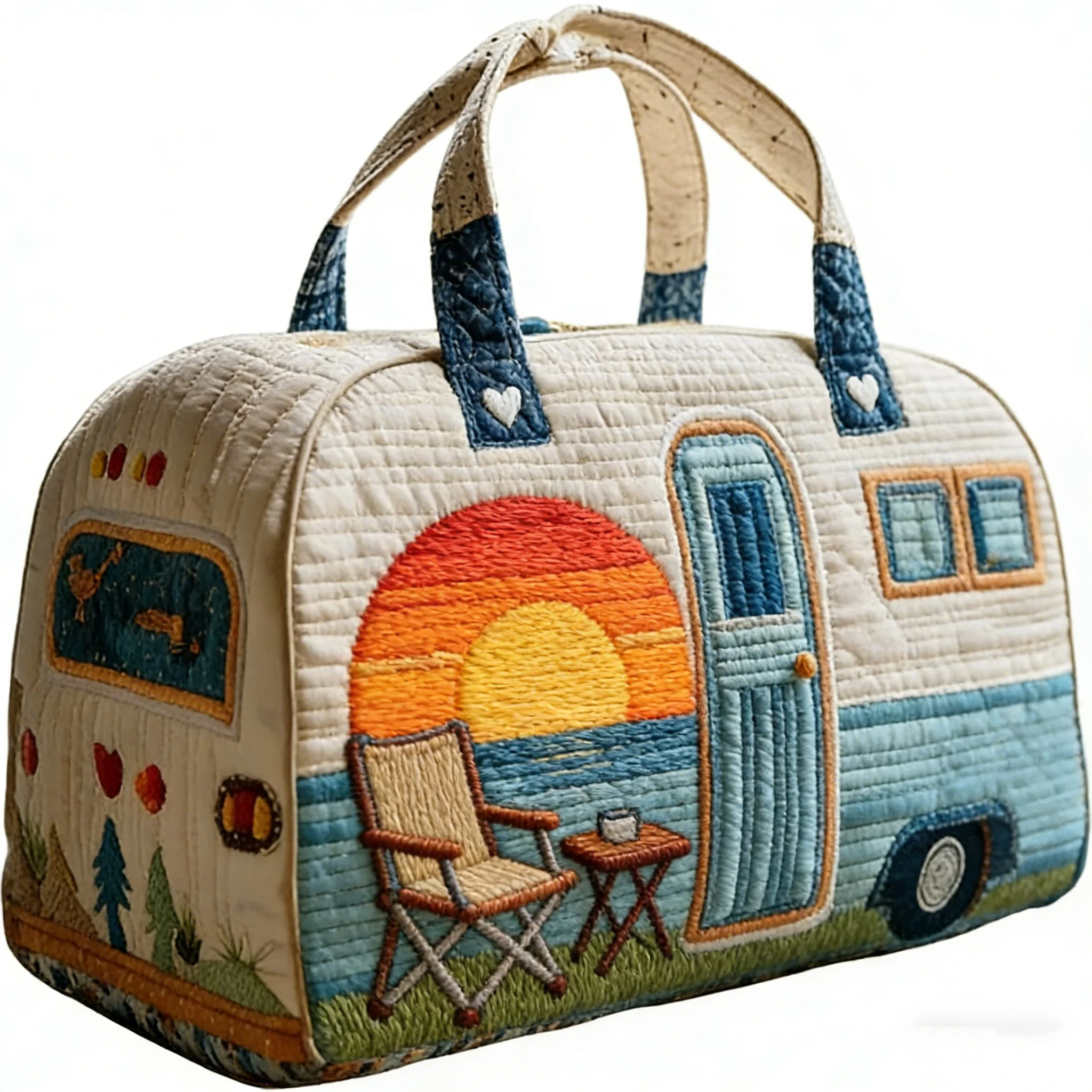 Retro Flag Camping Trailer Quilted Duffle Bag Colorful Pine Tree Sunset Cmping Travel Tote Men Women Handbag Bag
