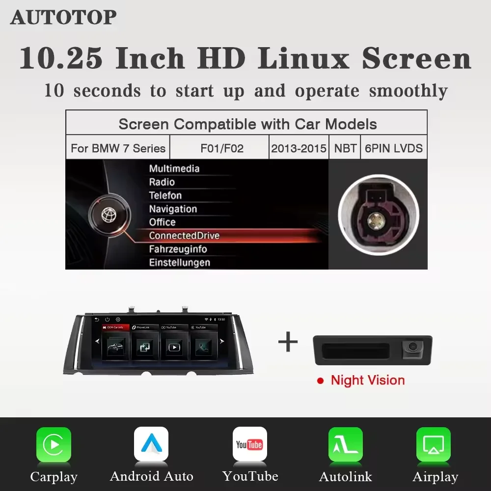 10.25“ Draadloze CarPlay Android Auto Auto Multimedia Speler voor BMW 7 Serie F01 F02 F03 F04 CIC NBT voor YouTube BT GPS Radio