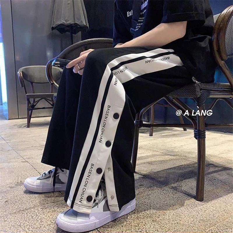 Pantaloni Streetwear Harajuku monopetto con lettera a righe da donna Y2K pantaloni Casual a vita alta con spacco dritto e gamba larga Pantalones