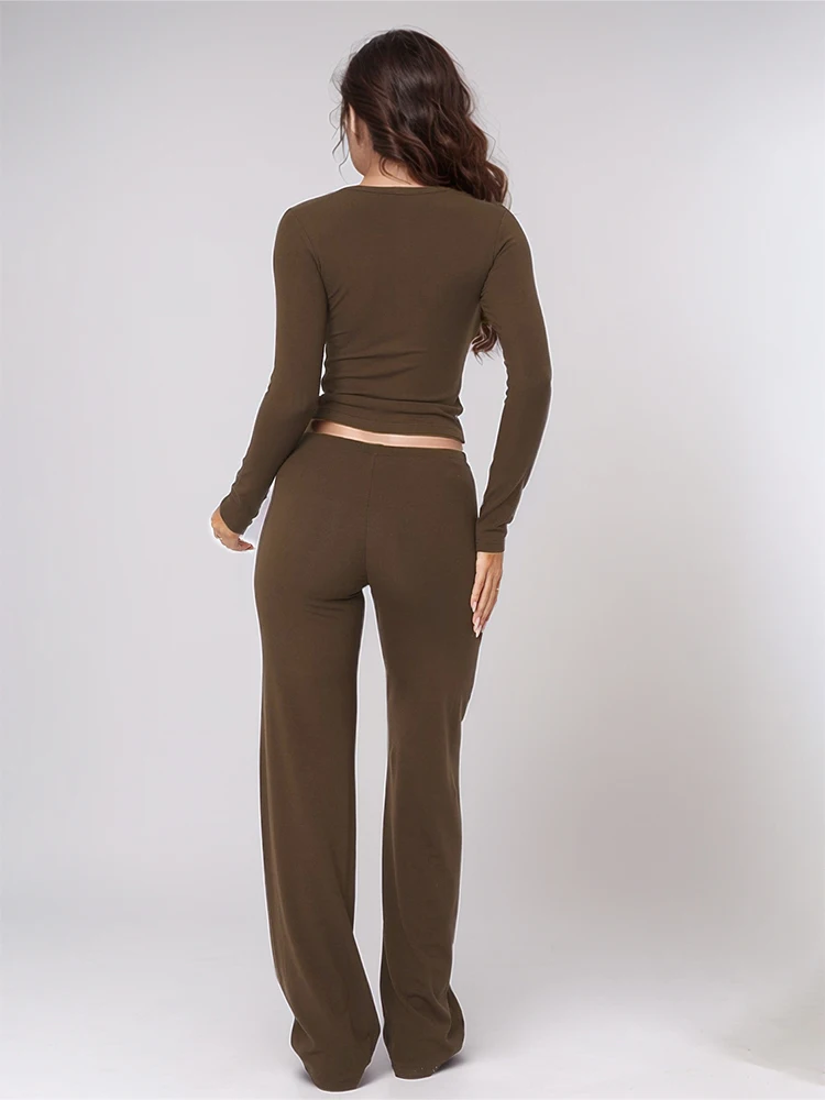 女性用ソリッドカラーツーピースパジャマセット長袖プルオーバー快適なシャツ巾着ウエスト締めパンツ部屋着