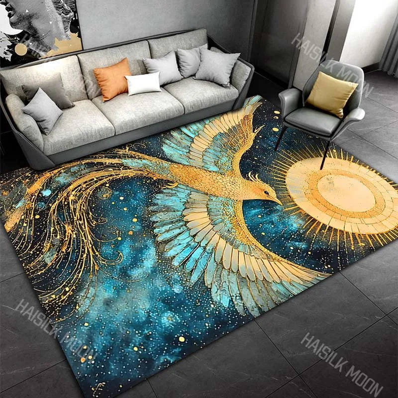 1PC Golden phoenix soaring cosmic sun Carpet for Living Room Bedroom Sofa Home Decor Rus Non-slip Floor Mat Luxury Gift