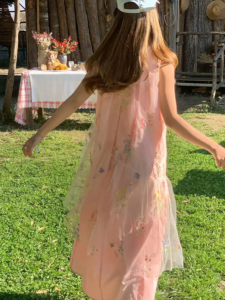 Mesh Borduren Mouwloze Jurken Vrouwen 2023 Zomer Losse Overlap Sheer A-lijn Vest Jurk Fee Zoete Strand Vestidos