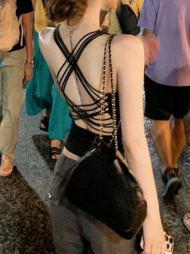 Women Vintage Backless Cross Tank Top Y2k Aesthetic Slim Fit Grunge Solid Tanks Summer Bodycon Harajuku Fairy Camisoles Sexy
