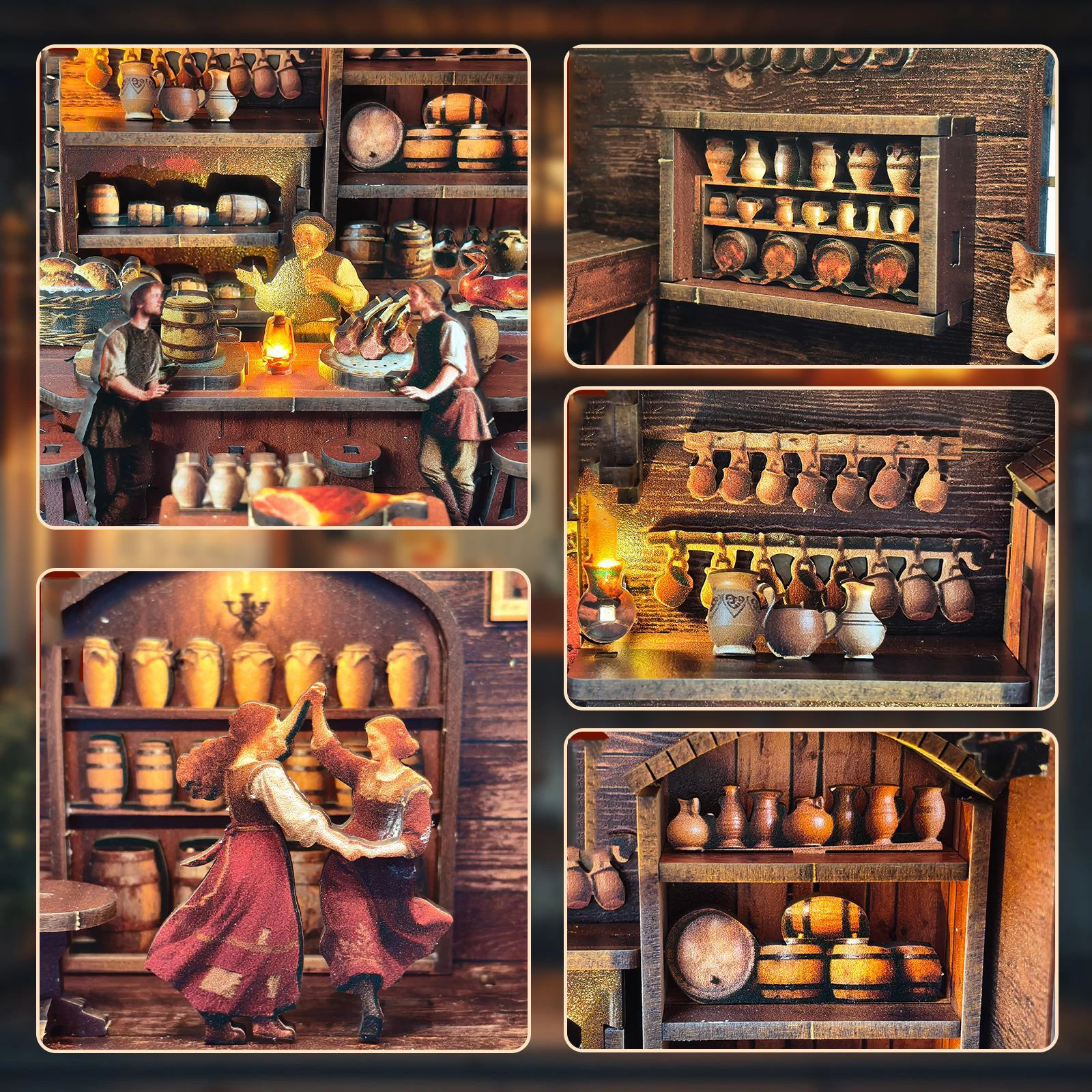 DIY Book Nook Wooden Miniature Model Kits Old Times Tavern Bookend 3D Puzzle with LED Light Bookshelf for Friends Birthday Gifts