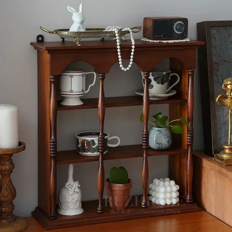 Retro Retro ถ้วยกาแฟผู้ถือไม้ Arch ชั้นวาง Multi-partition ตู้แสดงตกแต่งห้องนั่งเล่น Wall Organizer ขาตั้งแก้ว