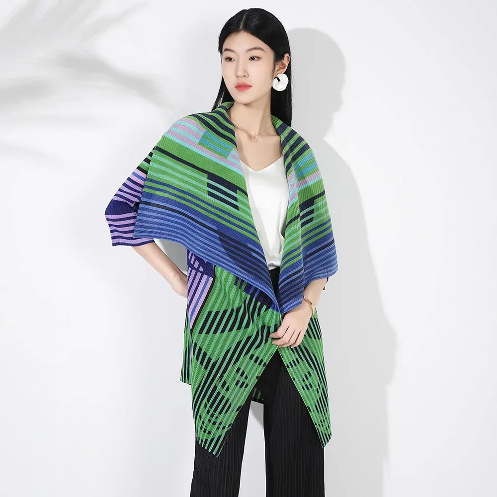 Miyake Pleated Print Fashion Casual Coat 2024 Autumn New Large Lapel Seven-quarter Sleeve Cardigan Medium and Long Outer Top