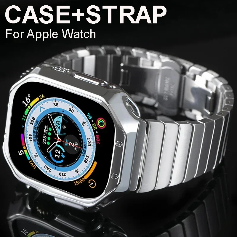 الفولاذ المقاوم للصدأ حزام + حالة ل سوار ساعة يد آبل 45 مللي متر 44 مللي متر 42 مللي متر 38 مللي متر 40 مللي متر 41 مللي متر سوار معدني ربط حزام الساعات iWatch SE 6 7 8 9