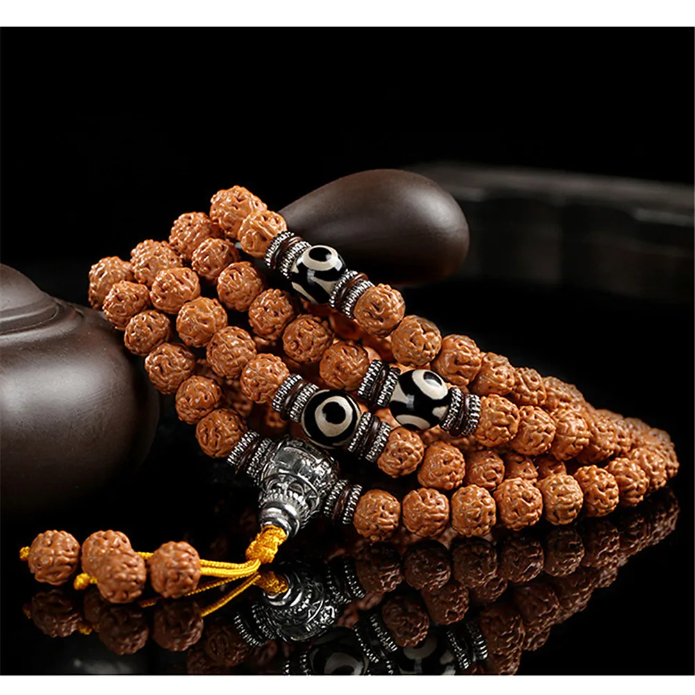 Natural 108 Bodhi Bracelets Yellow Skin Tibetan King Kong Bodhi Beads Necklace Rosary Three Eyed Dzi Buddhist Meditation Jewelry