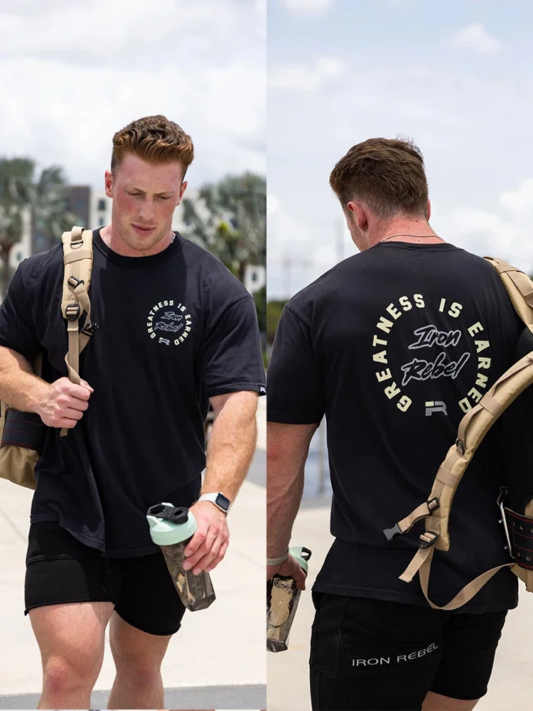 เสื้อออกกำลังกายแขนสั้นผู้ชาย, เสื้อหนาผ้าฝ้ายแท้แขนสั้นครึ่งแขนเสื้อลำลองเล่นกีฬาอเมริกัน