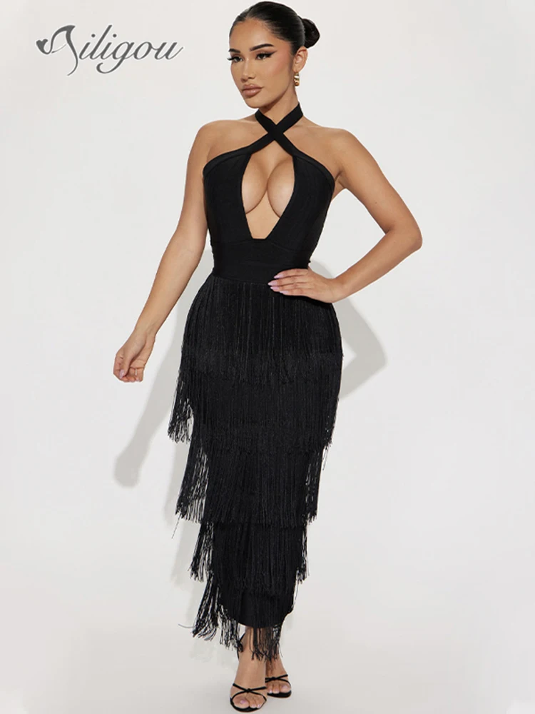 

Ailigou 2023 New Women's Fashion Tassels Long Bandage Dress Sexy V-neck Backless Night Club Celebrity Women's Party Dress